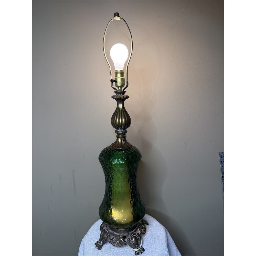 Table Lamp Green Diamond Glass Hollywood Regency MCM Antique Rose Tokyo Japan - Picture 4 of 16